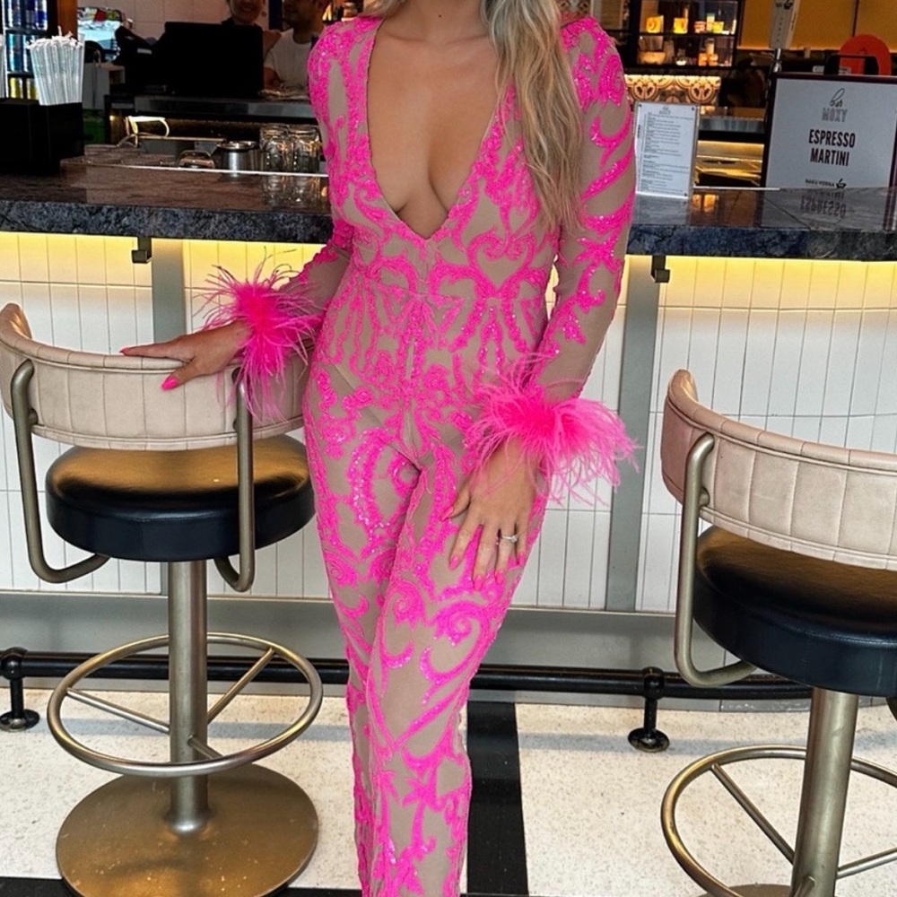 Pink Feather-Trimmed Jumpsuit